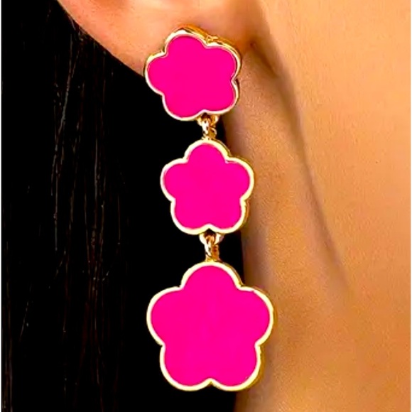 PINK FLOWER DESIGN LONG DANGLE EARRINGS RETRO BOHEMIAN STYLE JEWELRY NEW - Picture 5 of 5